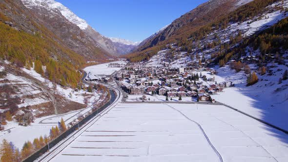 The Village of Tasch in Switzerland in the Winter Aerial View