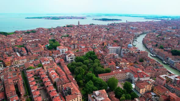 aerial drone view of Venice city, Italy. impressive view of the basilica, the church tower, housing