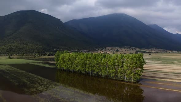 Aerial view of Lake Stymphalia, located in the north-eastern part of the Peloponnese, in Corinthia,