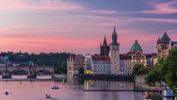 View of the City Prague in Czech Republic Day to Night Timelapse on the Vltava River with Beautiful