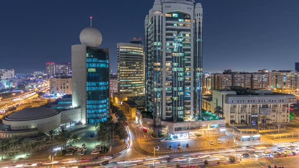 Dubai Creek Area Surrounded By Modern Buildings and Busy Traffic Street Night Timelapse