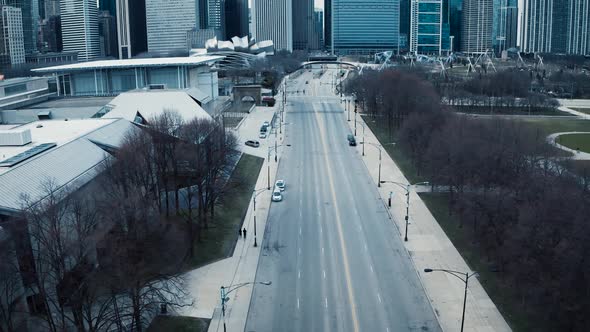 Aerial view of deserted streets in The Loop, Downtown Chicago