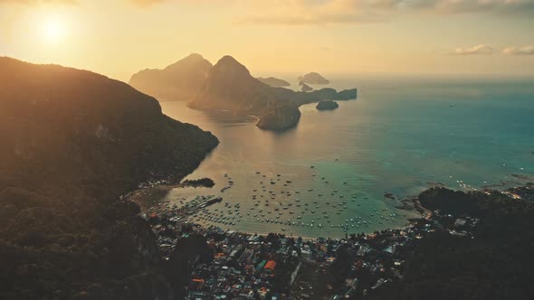 Sunset at Harbor Town Cityscape at Sea Bay, Many Ships, Vessels, Boats, Yachts an Sand Coast