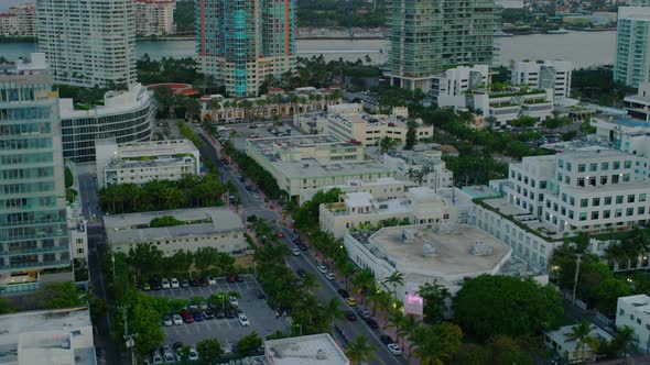 Aerial view of buildings at dusk in Miami