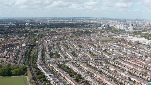 Drone shot over row houses in Wimbledon London