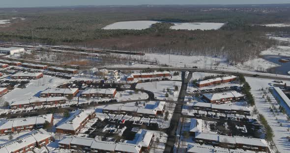 The Winter View of Small Apartment Complex Courtyards Roof Houses Covered Snow