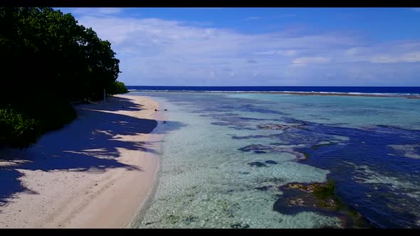 Aerial flying over nature of exotic coast beach lifestyle by blue water with white sandy background 