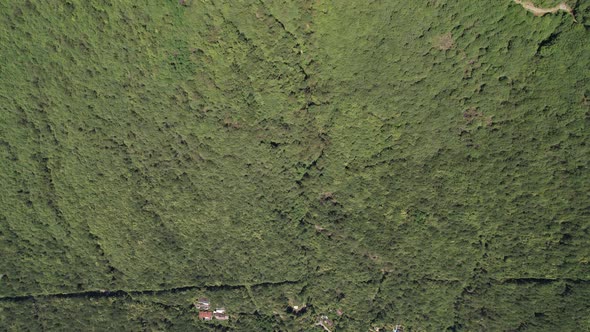 Aerial view of a steep hill with serpentine roads and village on the lake shore.