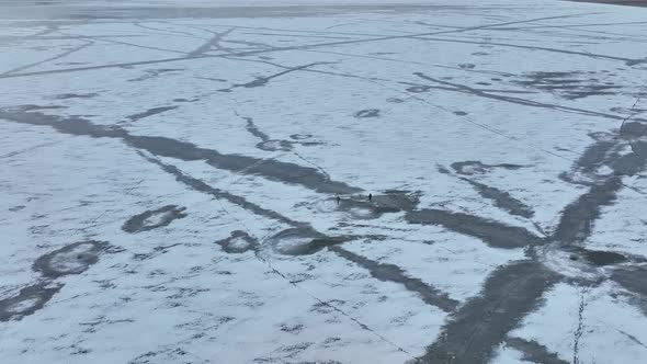 Aerial view of frozen Lake Paravani. The largest lake in Georgia