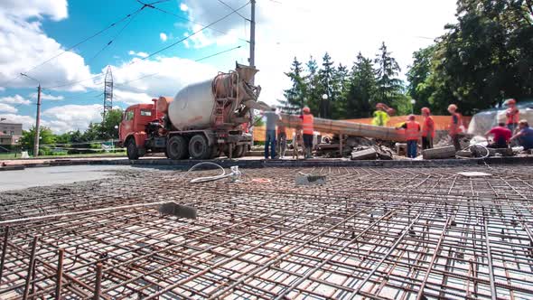 Road Construction Site with Tram Tracks Repair and Maintenance Timelapse Hyperlapse