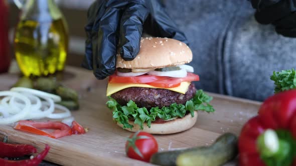 Making Burger  Putting Second Half of a Bun Finishing Sandwich Assembling