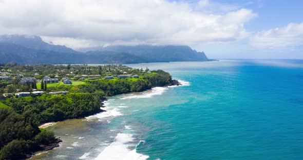Na Pali Coast Mountains Blue Ocean Princeville Beachfront Kauai Hawaii Aerial View Hyperlapse