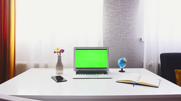 Bright Freelancer Workplace With Green Screen Desktop