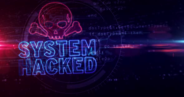 System hacked alert with skull symbol abstract loopable tunnel animation