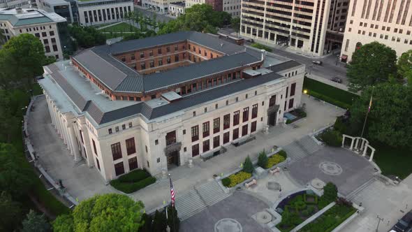 Columbus Ohio city hall at dusk, aerial drone.