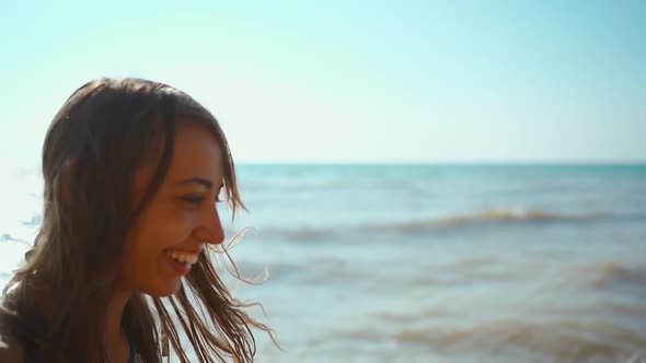 Slow Motion Footage of Happy Joyful Fitness Girl in Bikini Running Along Sand Sea Beach