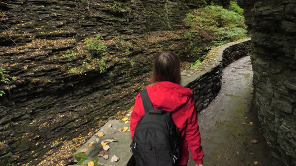 Female Tourist Walking Through Watkins Glen State Park Natural Gorge