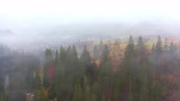 Rainy Foggy Weather in the Carpathian Valley in Beautiful Ukraine in the Village of Dzembronya