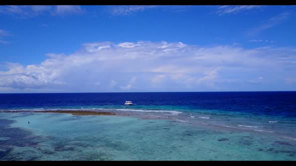 Aerial above landscape of relaxing seashore beach trip by transparent ocean and white sandy backgrou