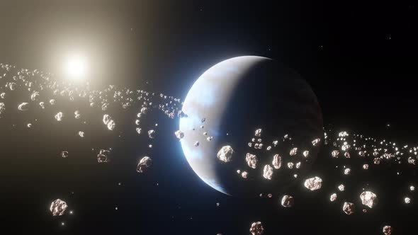 Flying in space past a distant planet with an orbit of asteroids.