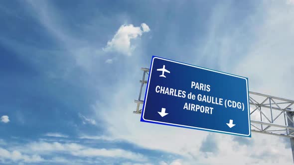 Airport Sign. Paris Charles De Gaulle International Airport Airplane Passing Overhead