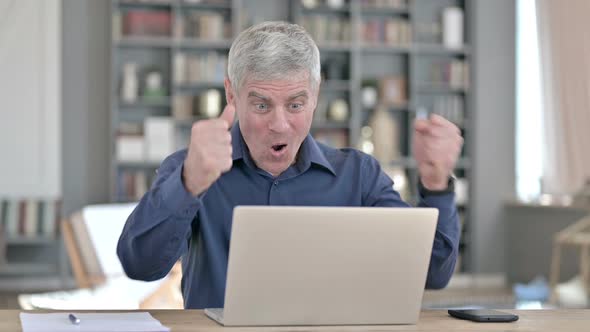 Successful Man Celebrating with Fist While Working on Laptop in Office