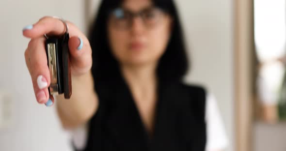 Real Estate Agent Woman Giving Keys to Customer After Selling Modern Apartment