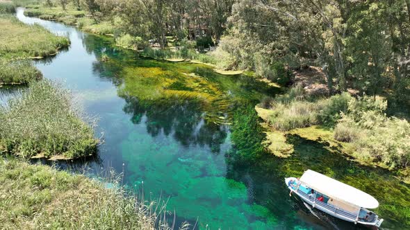 Aerial view of drone 'Azmak' river in the 'Akyaka' town - Gokova / Mugla - TURKEY