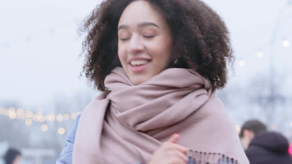 Portrait Darkskinned Woman Curly Afro American Girl Model Wears Stylish Outerwear Enjoys Pink