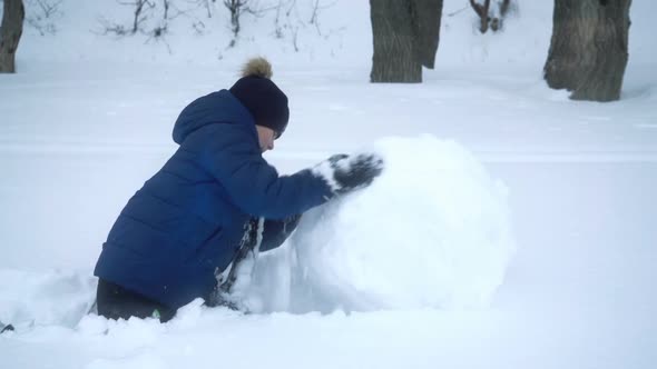 Boy Rolls Big Snow Ball