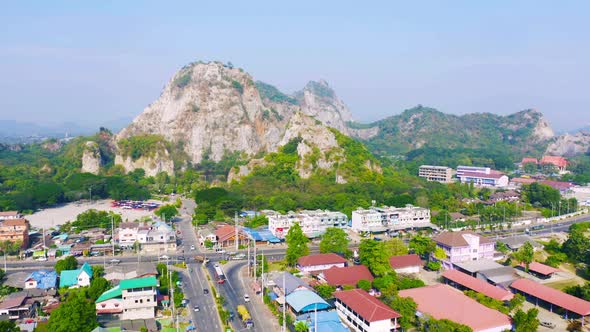 Aerial view of Khao Ngu Stone. National park with river lake, mountain valley hills