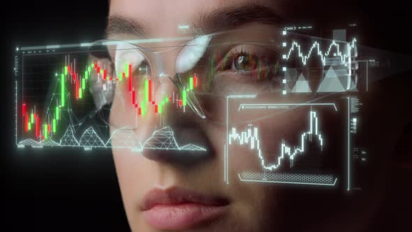 Digital Goggles Holographic Graph Projection Showing Financial Benefits Closeup