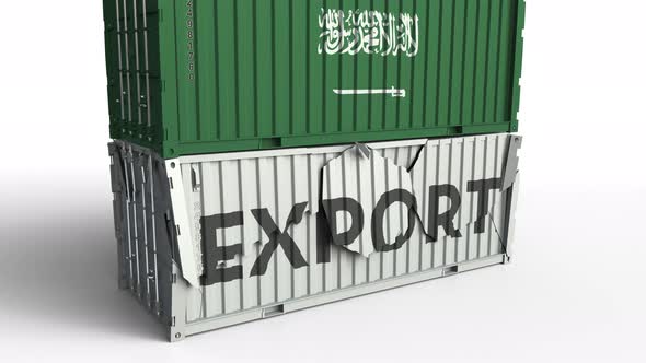 Container with EXPORT Text Being Crashed with Container with Flag of Saudi Arabia alt