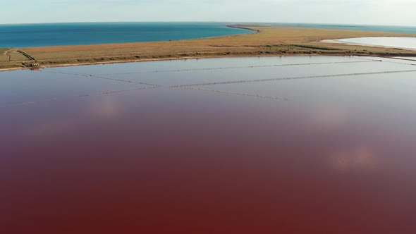 Beautiful top view of the salty, pink lake. Beautiful pink sunset.