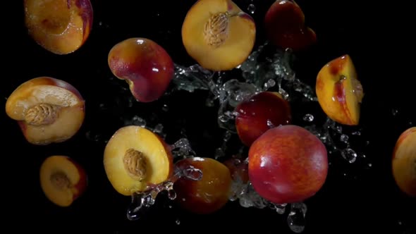 Halves of a Peach Fly in Splashes of Water 