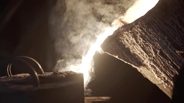 Hard Work in a Foundry. Metal Smelting Furnace in Steel Mill. Molten Metal Pouring, Metallurgy