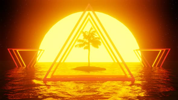 80s Style Retro Scene with Palm Trees, Sunset and Water alt