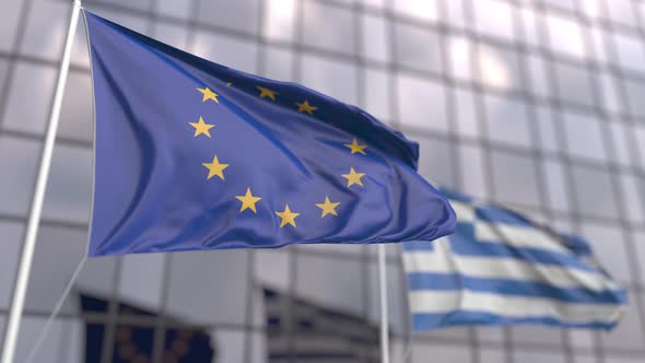 Waving Flags of the European Union and Greece alt