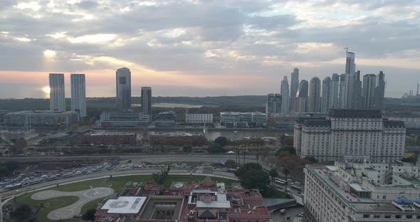 Aerial Drone Scene of May Square and Casa Rosada. The camera travels forward with the sunset. Landsc