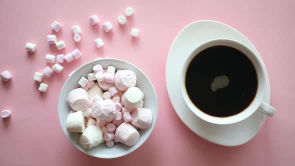 Marshmallow with Coffee or Hot Chocolate on a Pink Background, Sweet Food Background