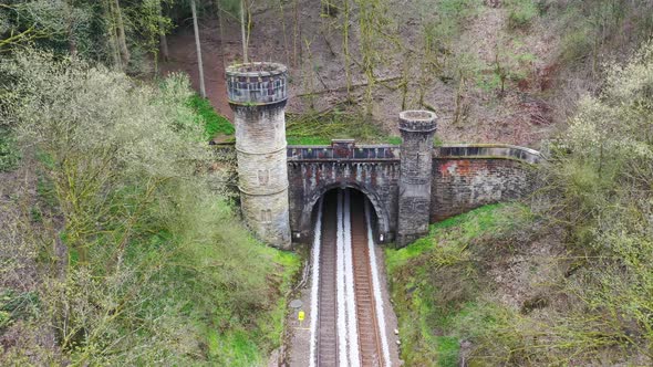 The famous Bramhope Tunnel North Portal, aerial footage Gothic castle-like portal and railway tunnel