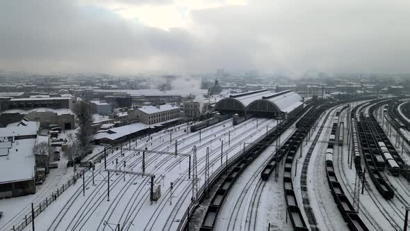 Aerial View of Old Retro Train Steam Locomotive at Lviv Railway Station