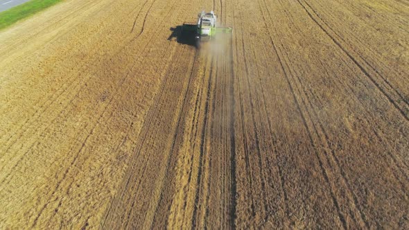 Aerial Shot of a Combine Harvester in Action on Wheat Field