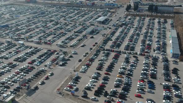 Aerial view of new cars in the parking