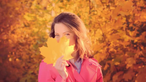 Young Smiling Woman with Yellow Autumn Leaf Autumn Time