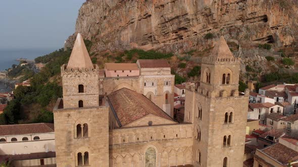 Aerial View of Duomo Cefalu  the Montain Rocca Di Cefalu in the Background