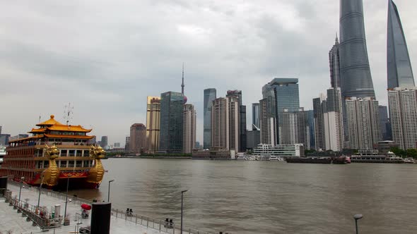 Shanghai River Cityscape Pan Up