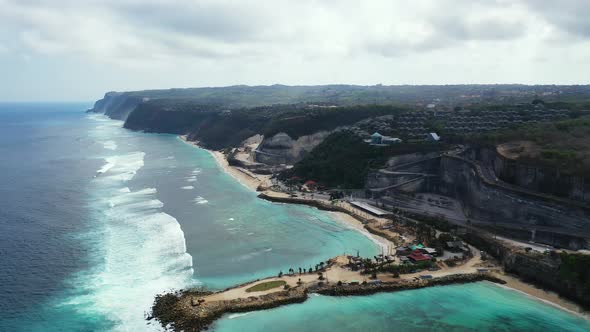 Wide angle drone island view of a summer white paradise sand beach and aqua turquoise water backgrou