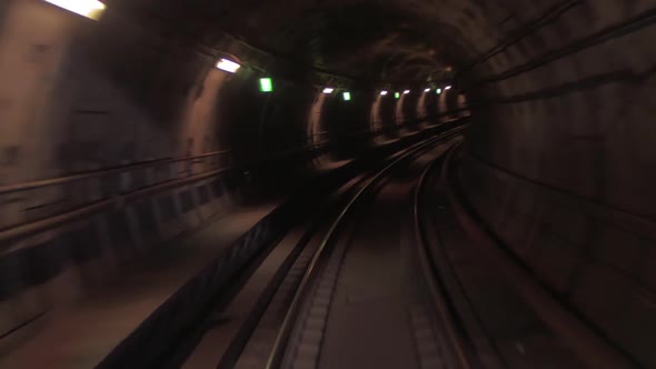 Train Moving Through the Subway Tunnel, Cabin View