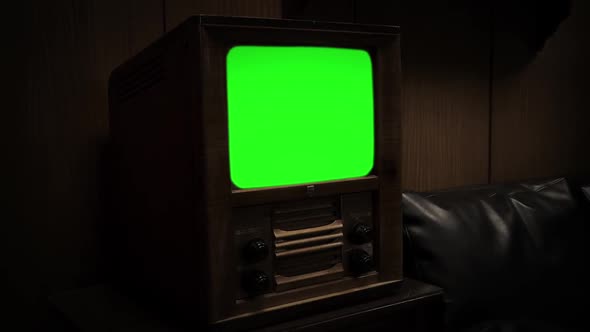Old Wooden TV with Green Screen. Sepia Tone. Zoom In.